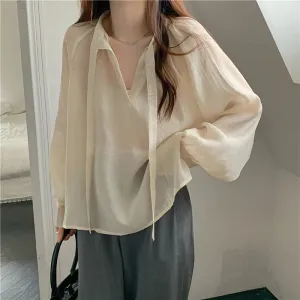 -Fall Outfits Long Sleeve Top Korean Fashion Micro Through Chiffon Shirts Women Spring Summer New Loose Ribbon Stand Collar Long Sleeve Blouses Tops Mujer
