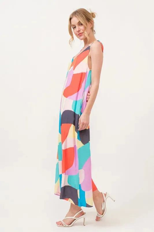 And The Why Tied Shoulder Straps Wide-Leg Geo Print Jumpsuit