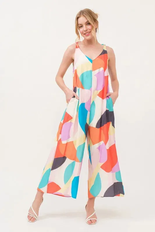 And The Why Tied Shoulder Straps Wide-Leg Geo Print Jumpsuit