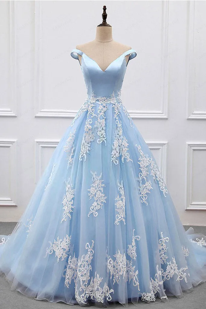 Ball Gown Off Shoulder Sleeve Sky Blue Prom Dress