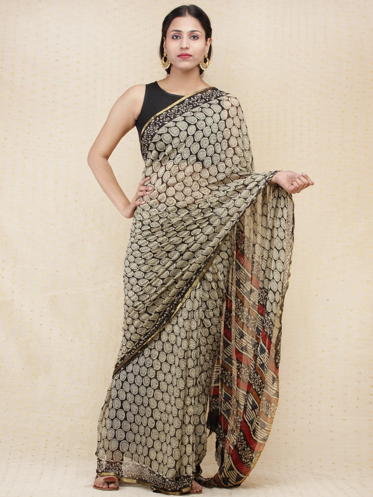 Beige Black Red Hand Block Printed Chiffon Saree with Zari Border - s031704160
