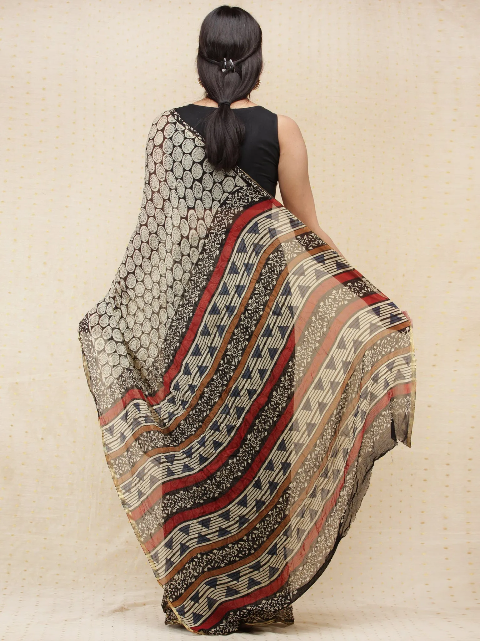 Beige Black Red Hand Block Printed Chiffon Saree with Zari Border - s031704160