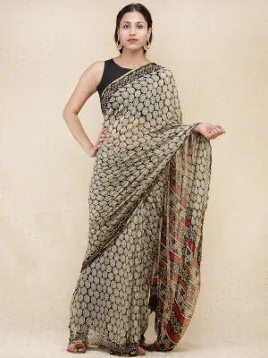 Beige Black Red Hand Block Printed Chiffon Saree with Zari Border - s031704160