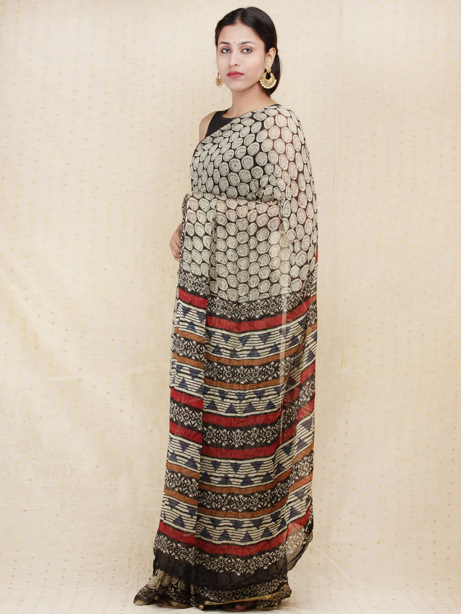 Beige Black Red Hand Block Printed Chiffon Saree with Zari Border - s031704160
