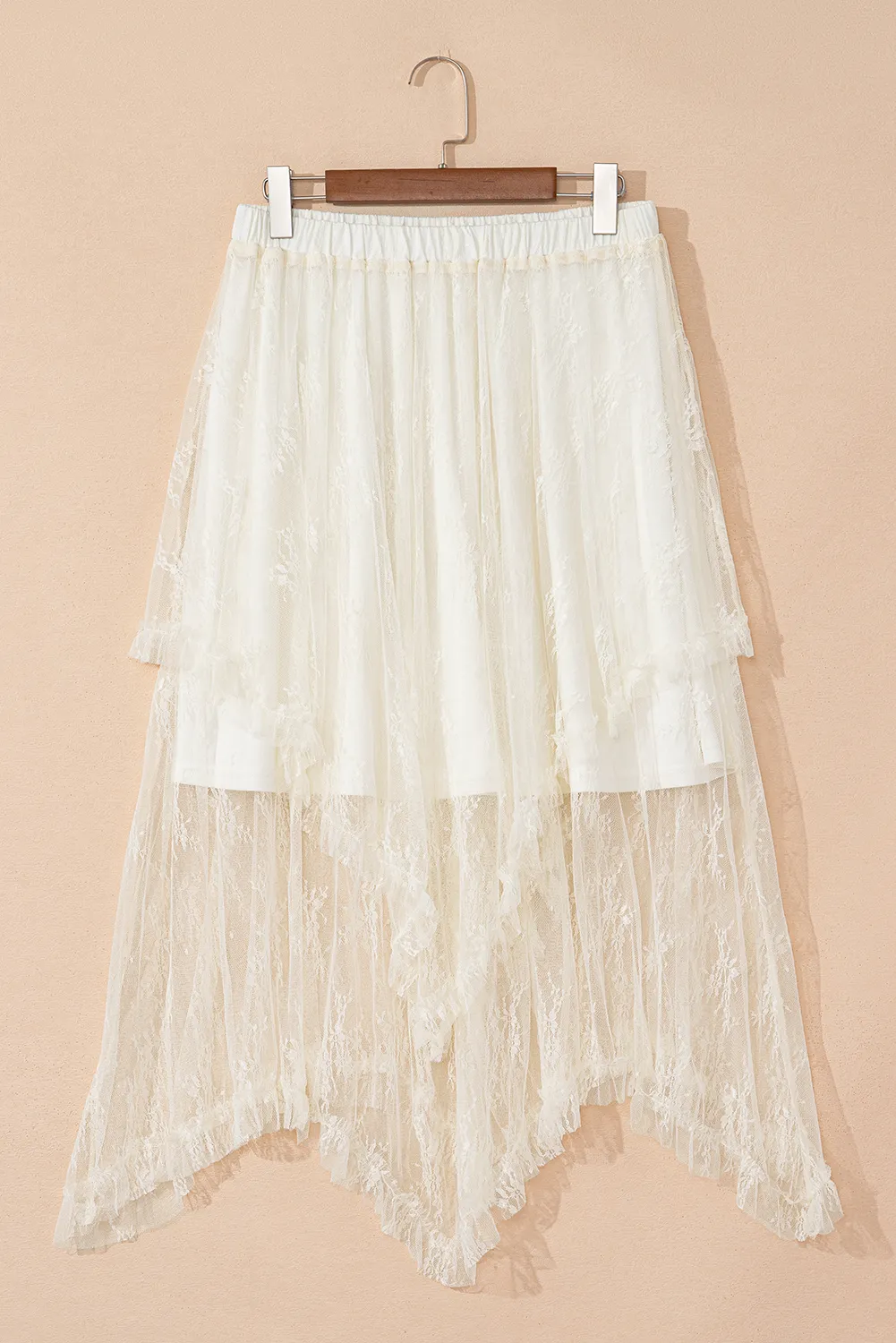 Beige Lace Cascading Tiered High Waist Maxi Skirt