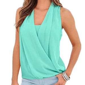 Blouses Women White Sleeveless Chiffon Blouse Deep V Neck Chiffon Knit Vest Casual Women's Shirt