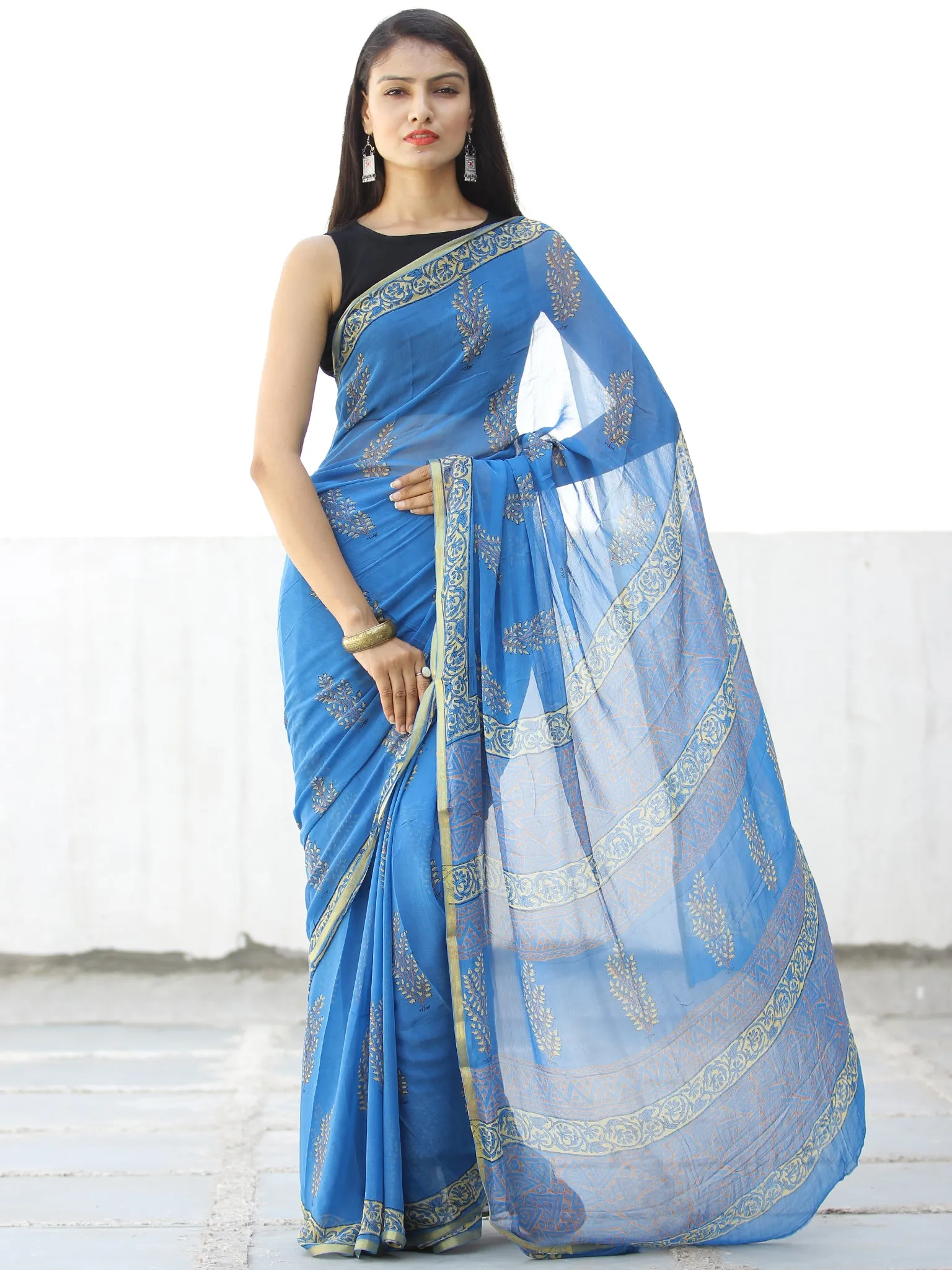Blue Mustard Hand Block Printed Chiffon Saree with Zari Border - S031703967