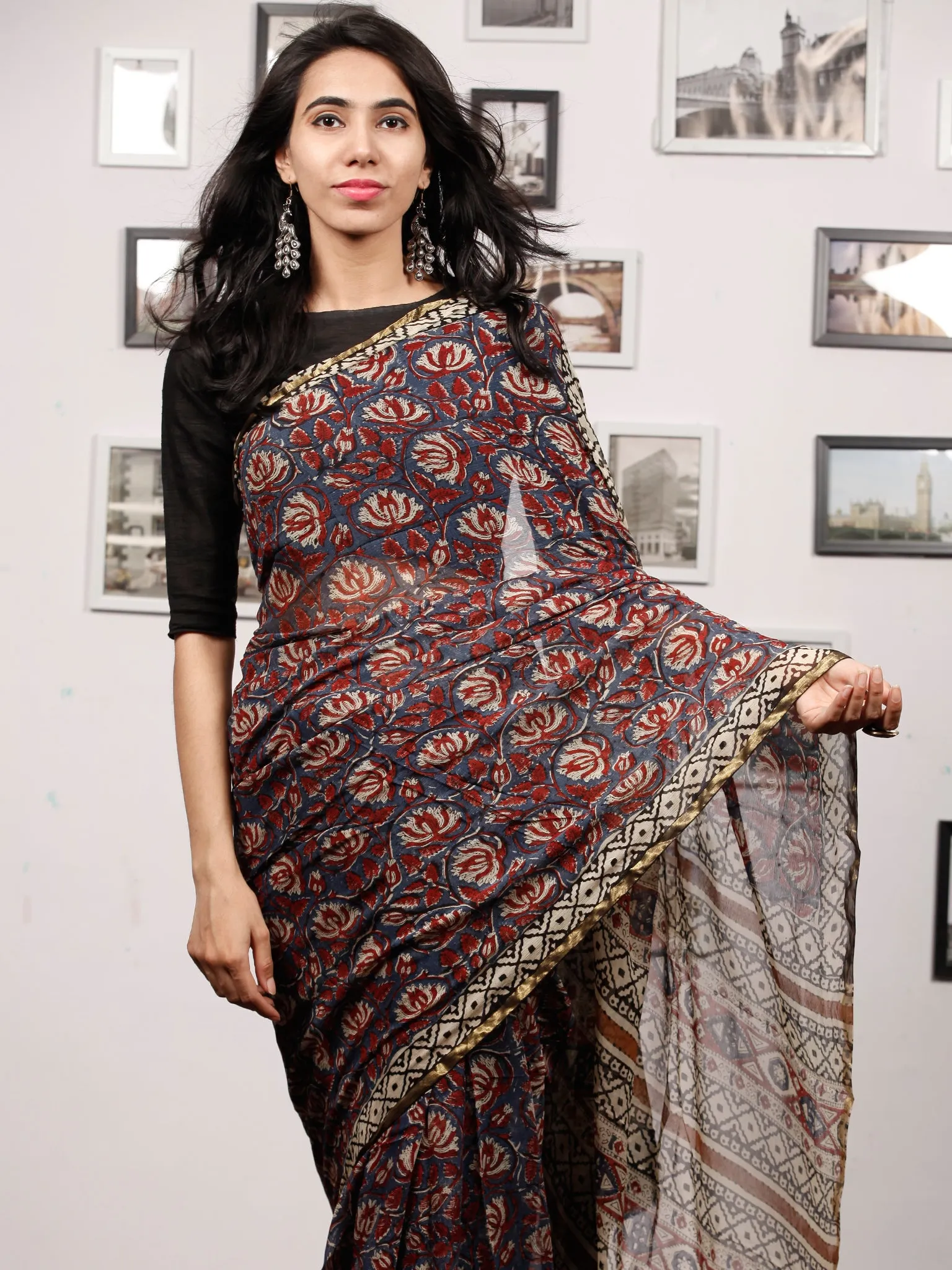 Bluish Grey Maroon Beige Hand Block Printed Chiffon Saree with Zari Border - S031703502