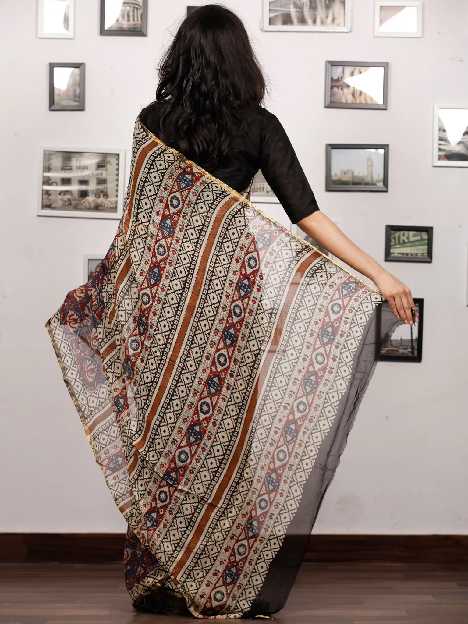 Bluish Grey Maroon Beige Hand Block Printed Chiffon Saree with Zari Border - S031703502