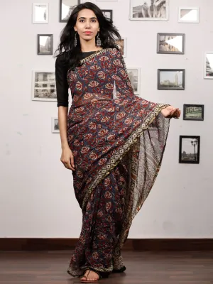 Bluish Grey Maroon Beige Hand Block Printed Chiffon Saree with Zari Border - S031703502