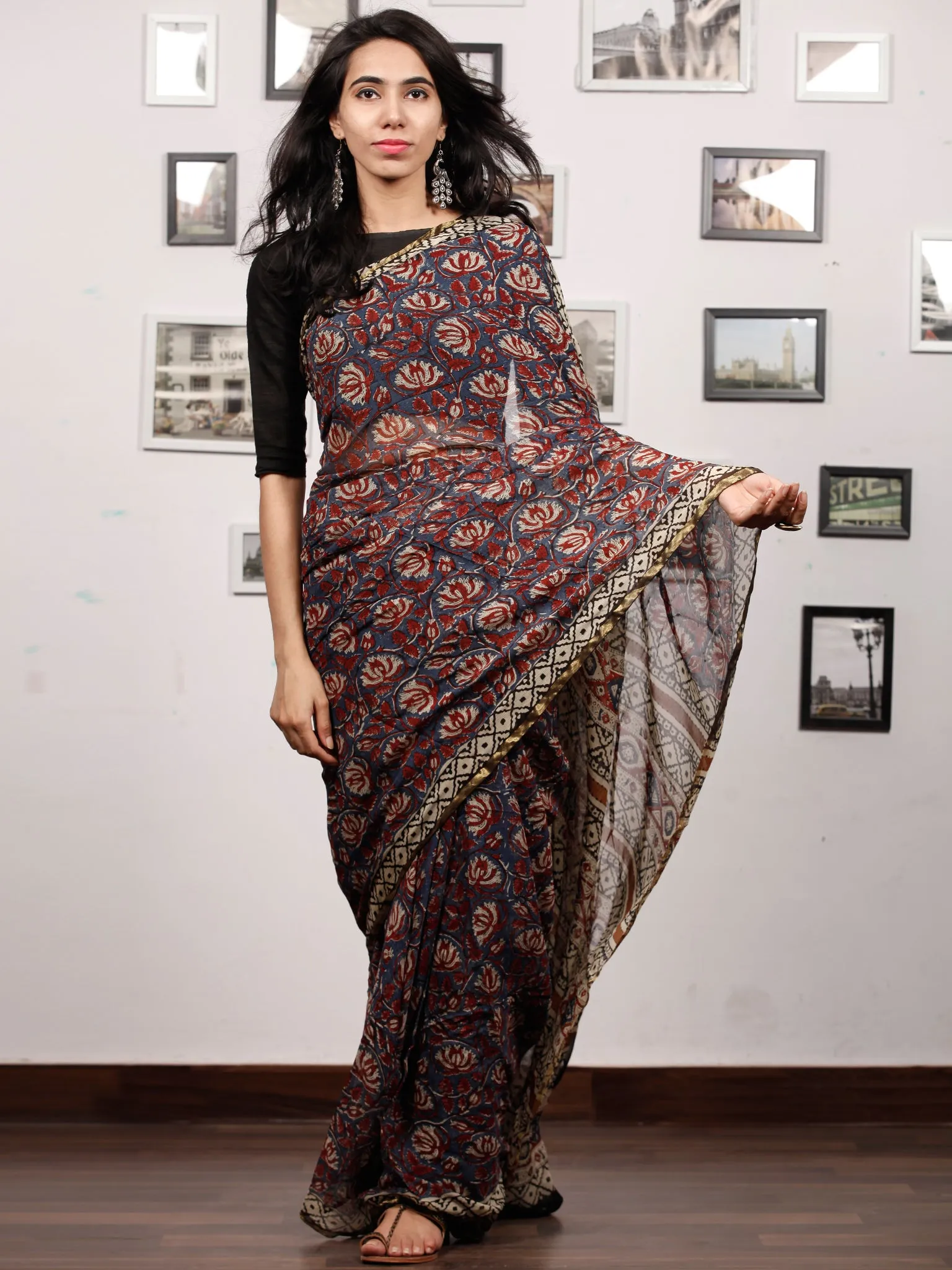 Bluish Grey Maroon Beige Hand Block Printed Chiffon Saree with Zari Border - S031703502