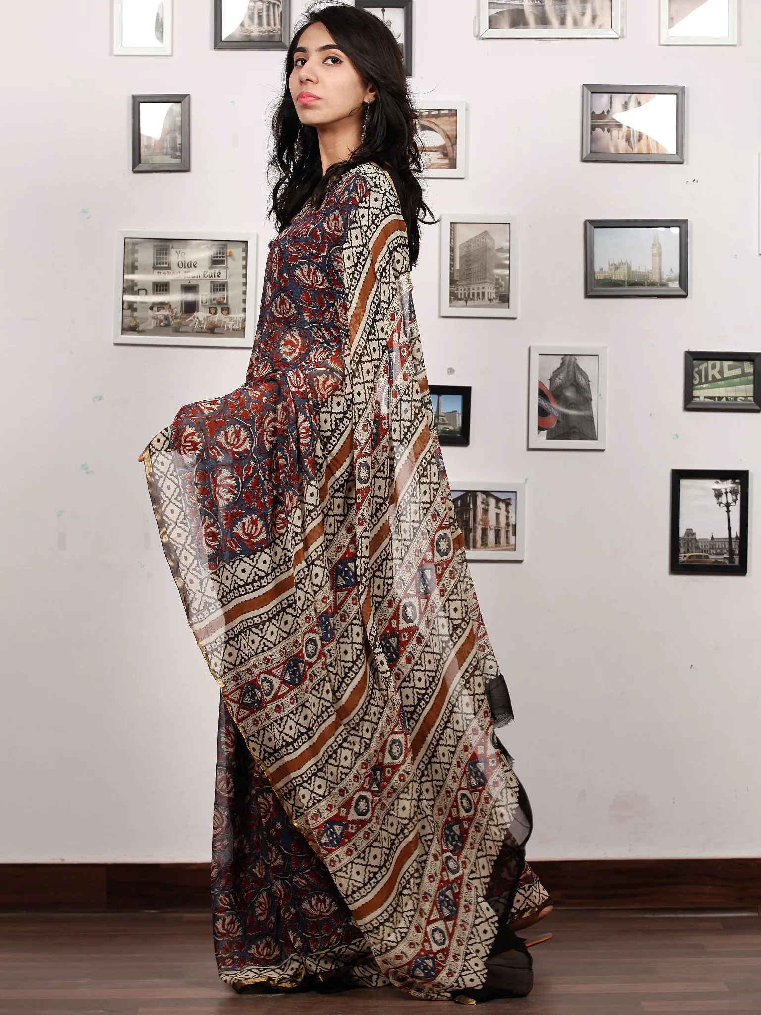 Bluish Grey Maroon Beige Hand Block Printed Chiffon Saree with Zari Border - S031703502