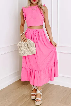 Bonbon Textured Ruffle Trim Crop Vest Lace-up Long Skirt Set