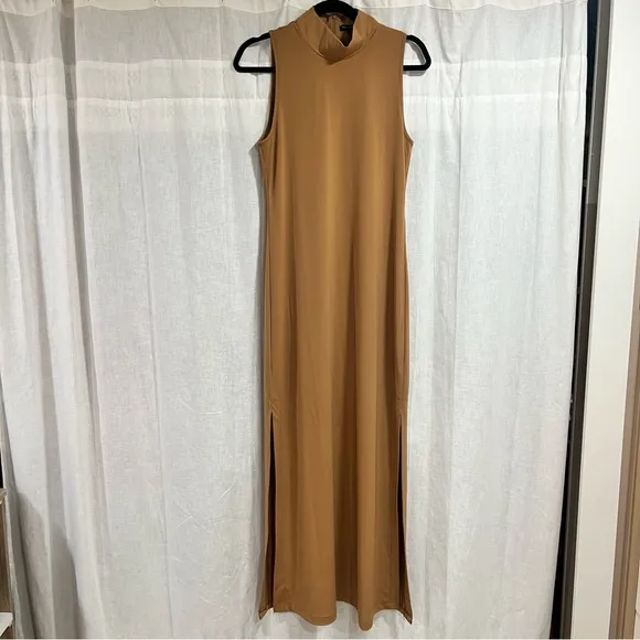 Boston Proper High Neck Mock Neck Maxi Dress - Slit Brown Fall