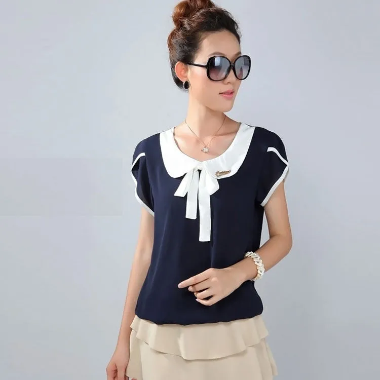 Bow Women shirt chiffon blouses plus size elegant body peter pan collar blouse blue blouse WC040
