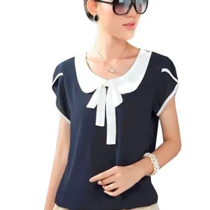 Bow Women shirt chiffon blouses plus size elegant body peter pan collar blouse blue blouse WC040