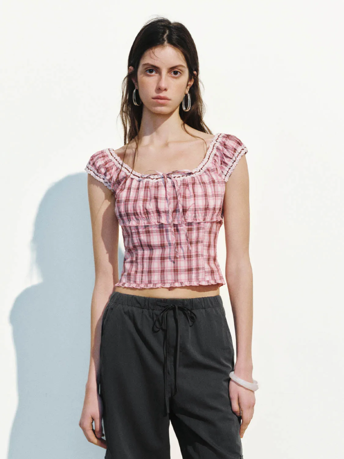 Checkered Shirred Blouses