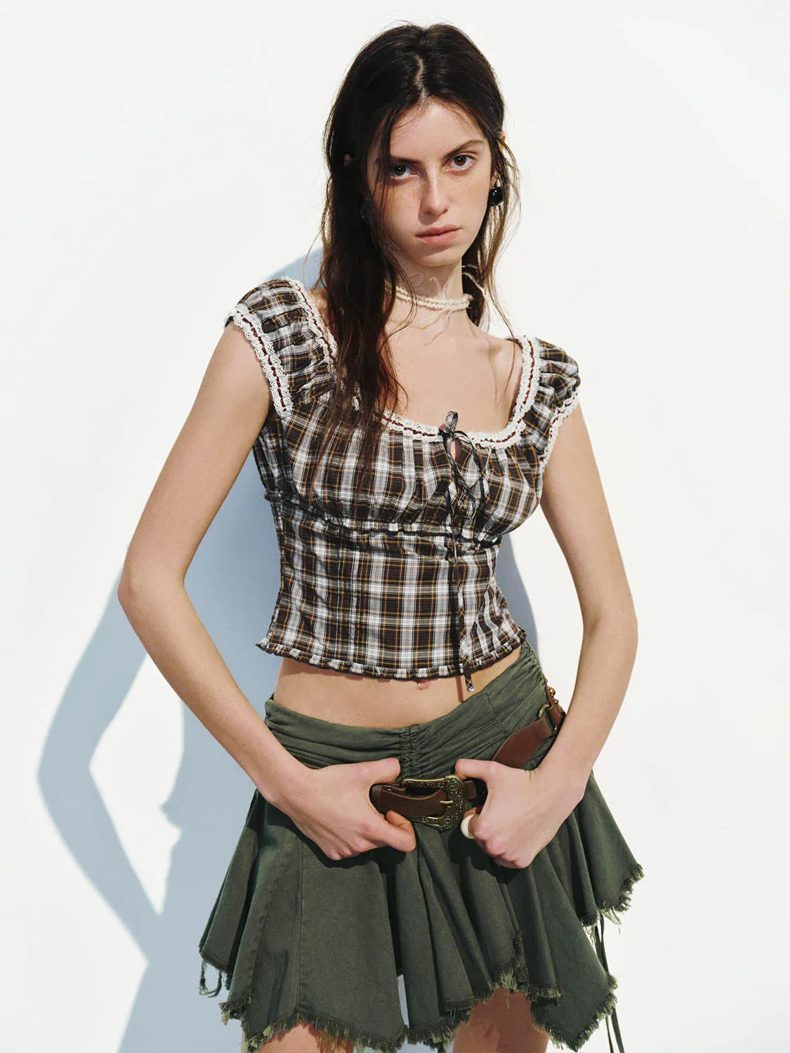 Checkered Shirred Blouses