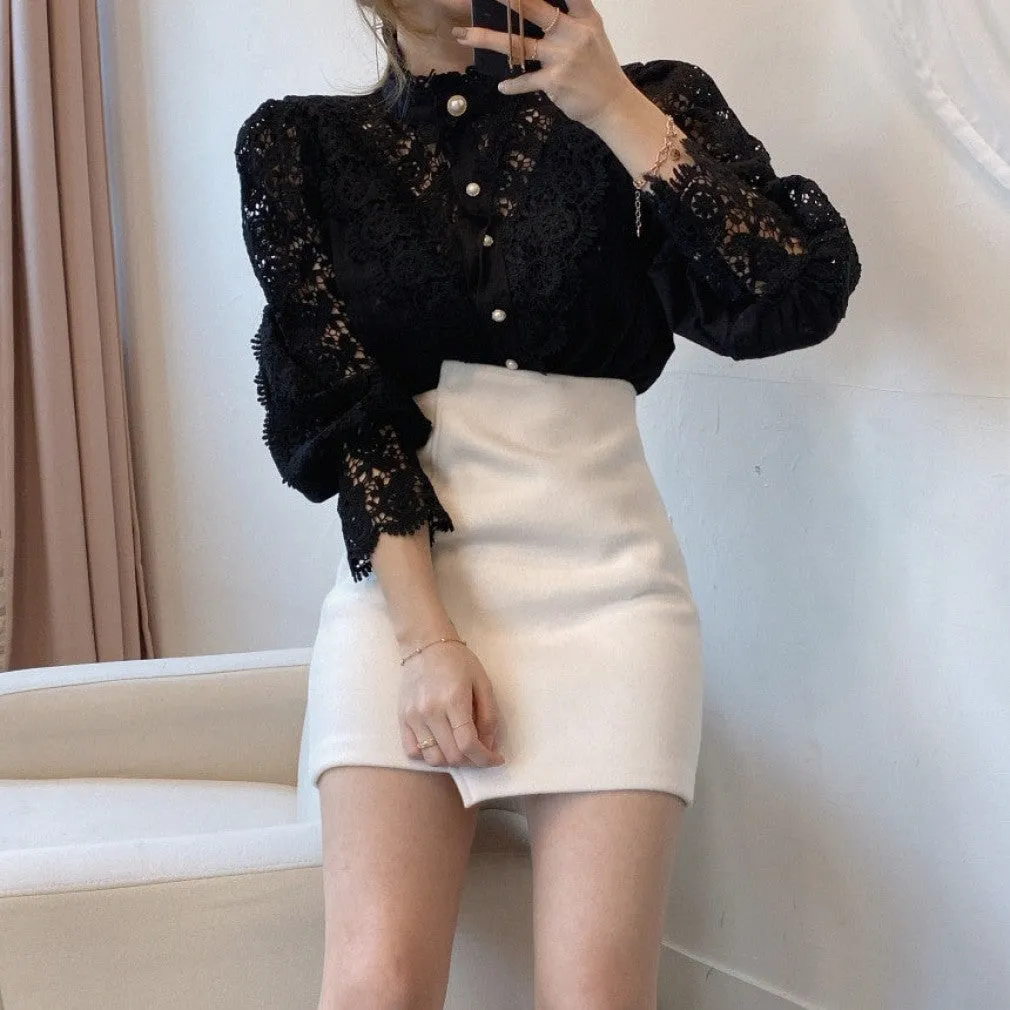 ContiNent 33 Petal Sleeve Stand Collar Hollow Out Flower Lace Patchwork Shirt Femme Blusas All-match Women Lace Blouse Button White Top