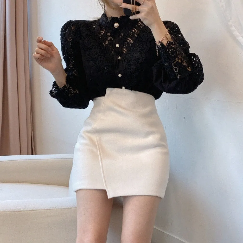ContiNent 33 Petal Sleeve Stand Collar Hollow Out Flower Lace Patchwork Shirt Femme Blusas All-match Women Lace Blouse Button White Top