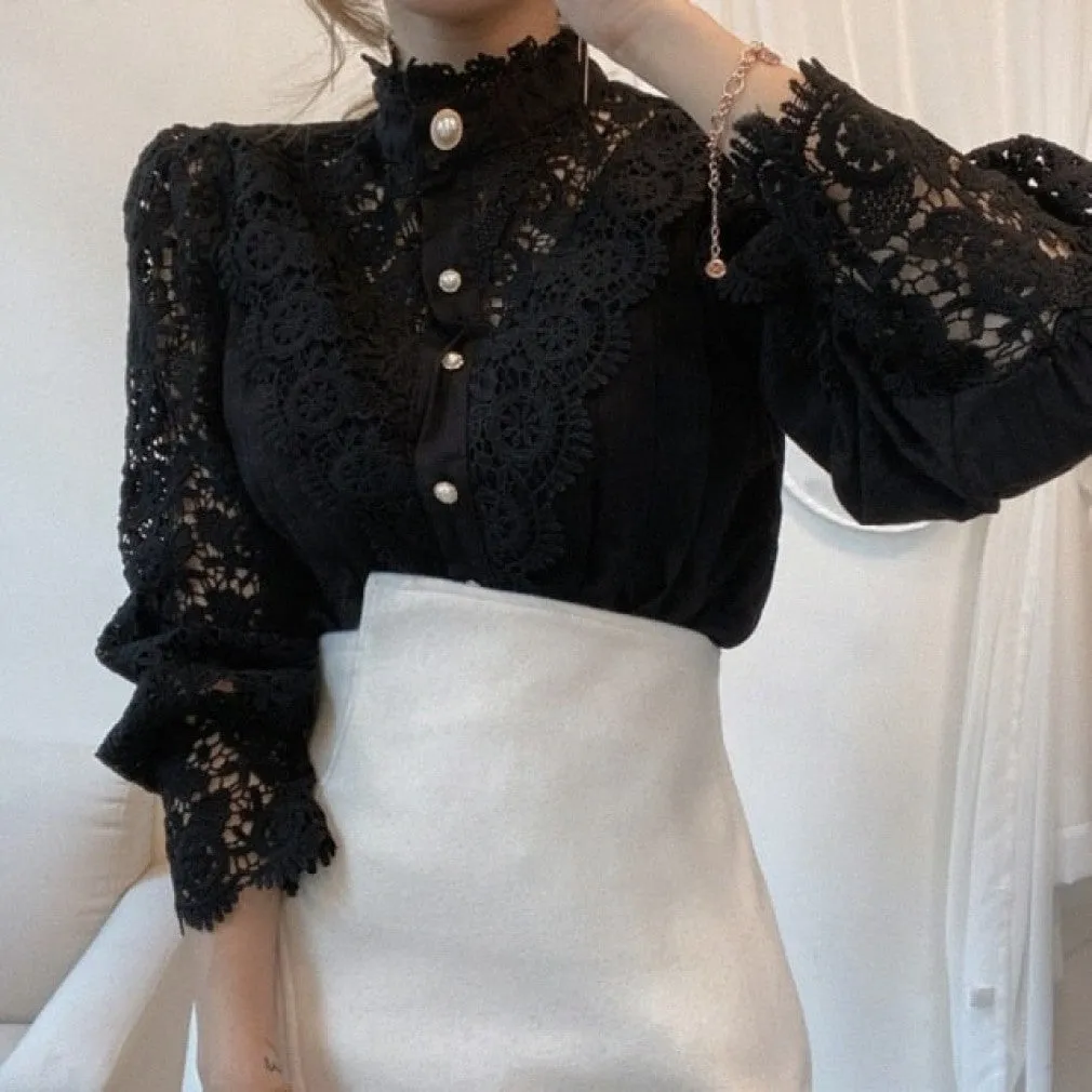 ContiNent 33 Petal Sleeve Stand Collar Hollow Out Flower Lace Patchwork Shirt Femme Blusas All-match Women Lace Blouse Button White Top