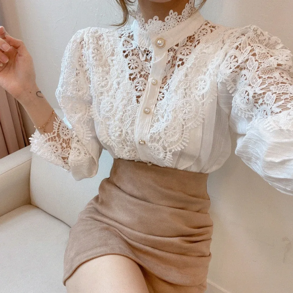 ContiNent 33 Petal Sleeve Stand Collar Hollow Out Flower Lace Patchwork Shirt Femme Blusas All-match Women Lace Blouse Button White Top