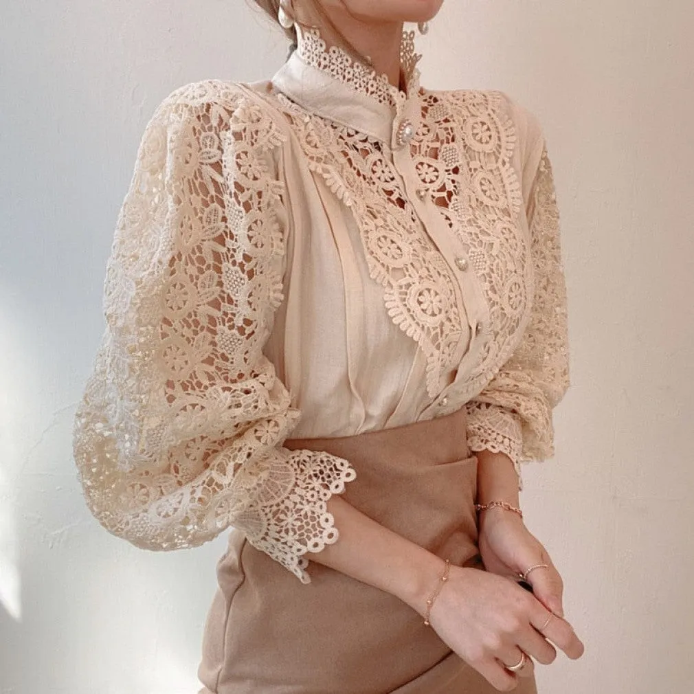ContiNent 33 Petal Sleeve Stand Collar Hollow Out Flower Lace Patchwork Shirt Femme Blusas All-match Women Lace Blouse Button White Top