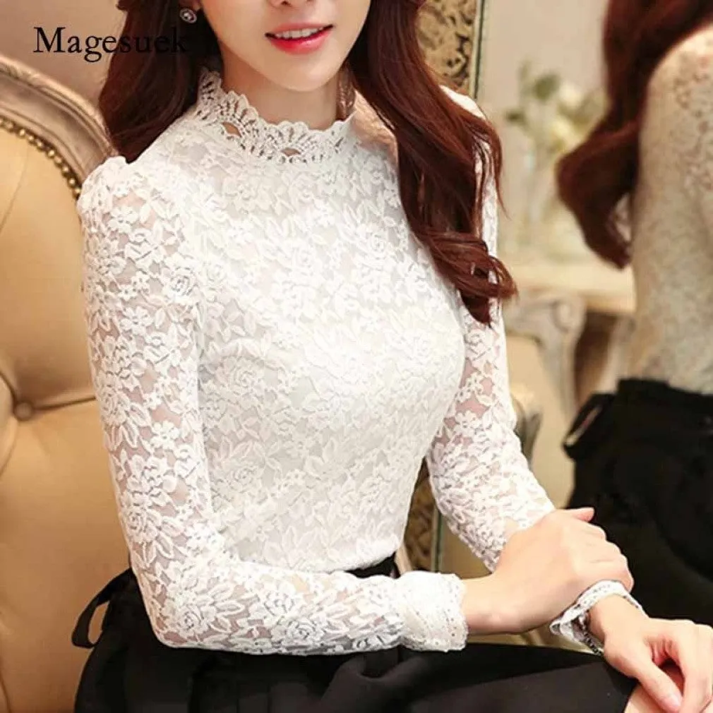 ContiNent 33 Petal Sleeve Stand Collar Hollow Out Flower Lace Patchwork Shirt Femme Blusas All-match Women Lace Blouse Button White Top
