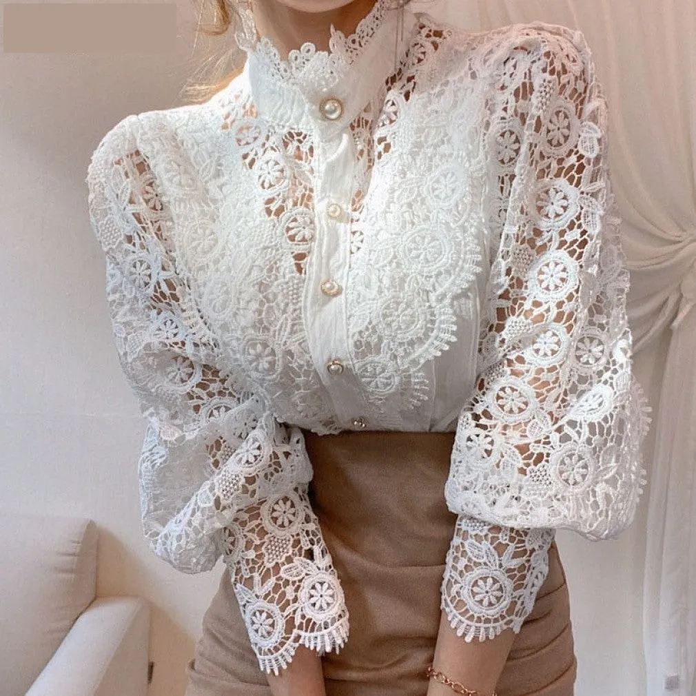 ContiNent 33 Petal Sleeve Stand Collar Hollow Out Flower Lace Patchwork Shirt Femme Blusas All-match Women Lace Blouse Button White Top