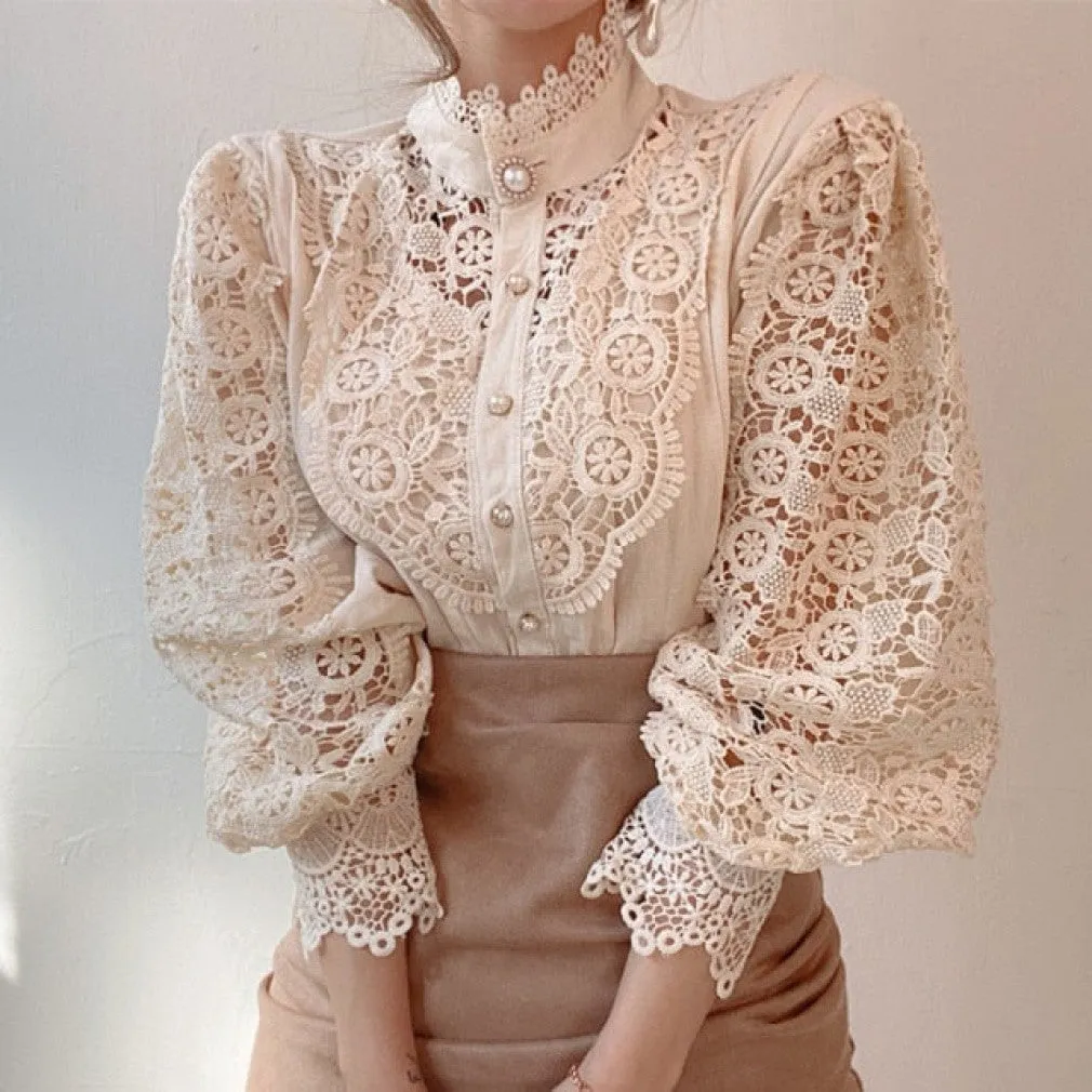 ContiNent 33 Petal Sleeve Stand Collar Hollow Out Flower Lace Patchwork Shirt Femme Blusas All-match Women Lace Blouse Button White Top