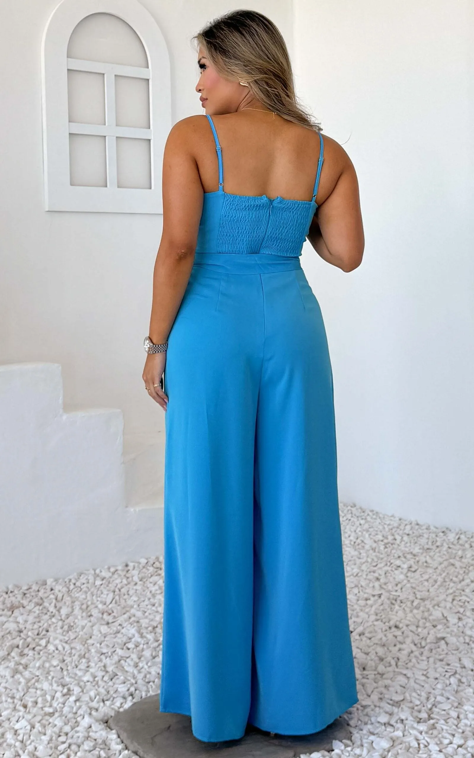 Diaz Shirred Back Panel Wide Leg Jumpsuit - Blue