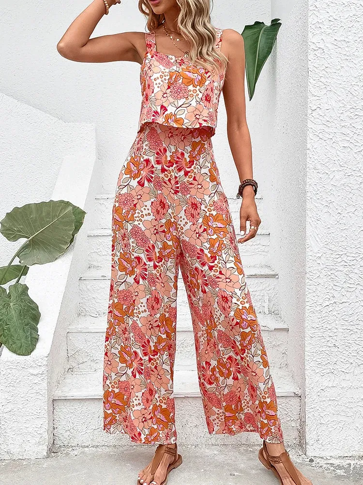 Elegant Long Jumpsuit Women Sexy Backless Wide Leg Jumpsuits Casual Sleeveless Floral Rompers