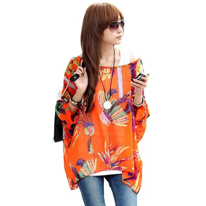 Fashion Women Blouses Bohemia Print Batwing Chiffon Blouse