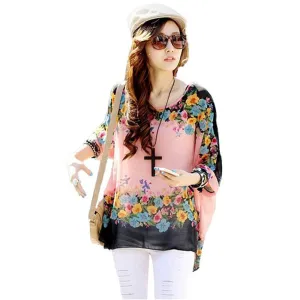 Fashion Women Blouses Bohemia Print Batwing Chiffon Blouse