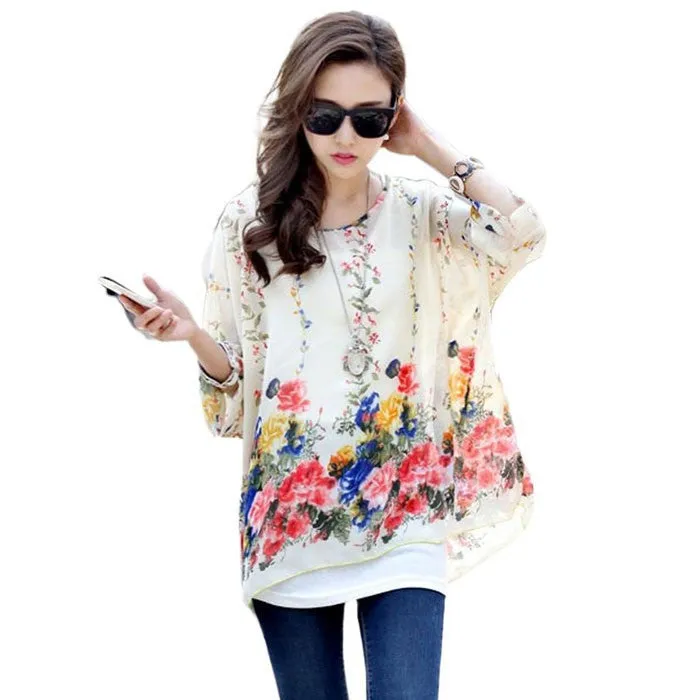 Fashion Women Blouses Bohemia Print Batwing Chiffon Blouse