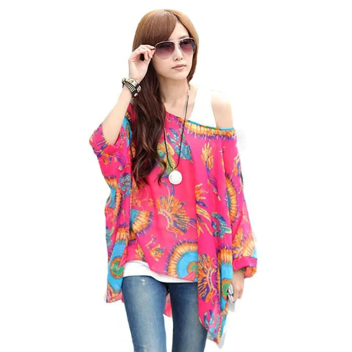 Fashion Women Blouses Bohemia Print Batwing Chiffon Blouse