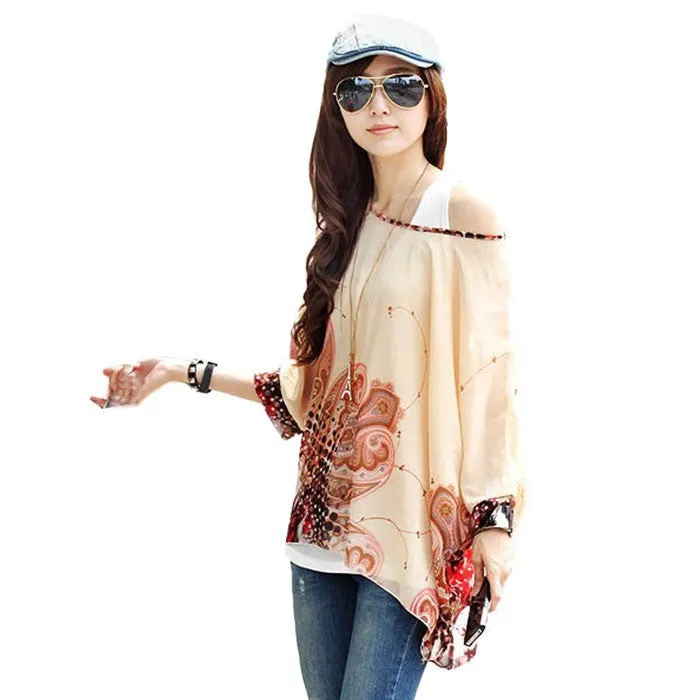 Fashion Women Blouses Bohemia Print Batwing Chiffon Blouse