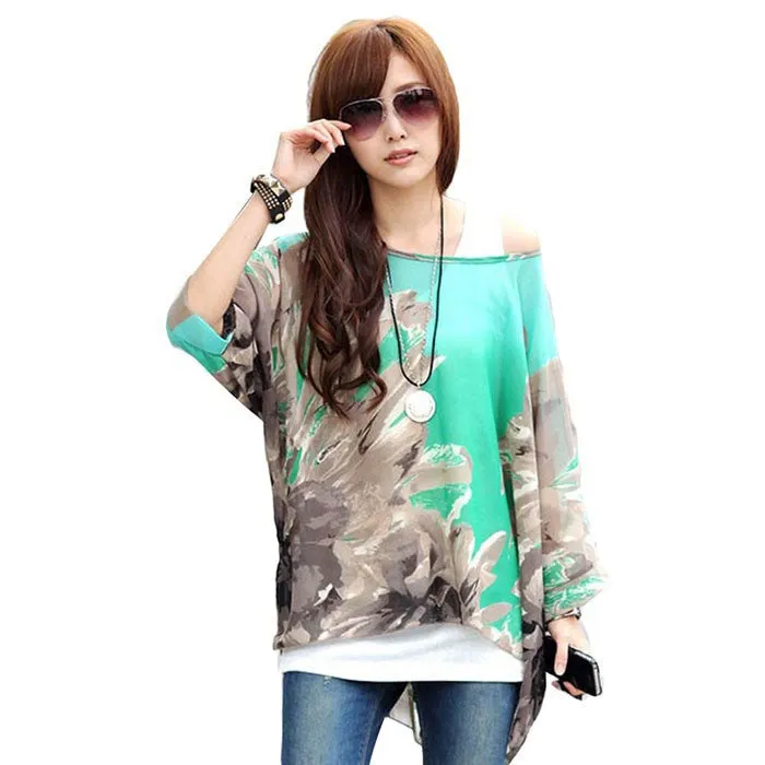 Fashion Women Blouses Bohemia Print Batwing Chiffon Blouse