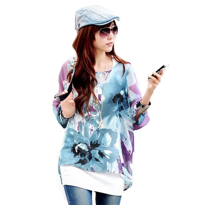 Fashion Women Blouses Bohemia Print Batwing Chiffon Blouse
