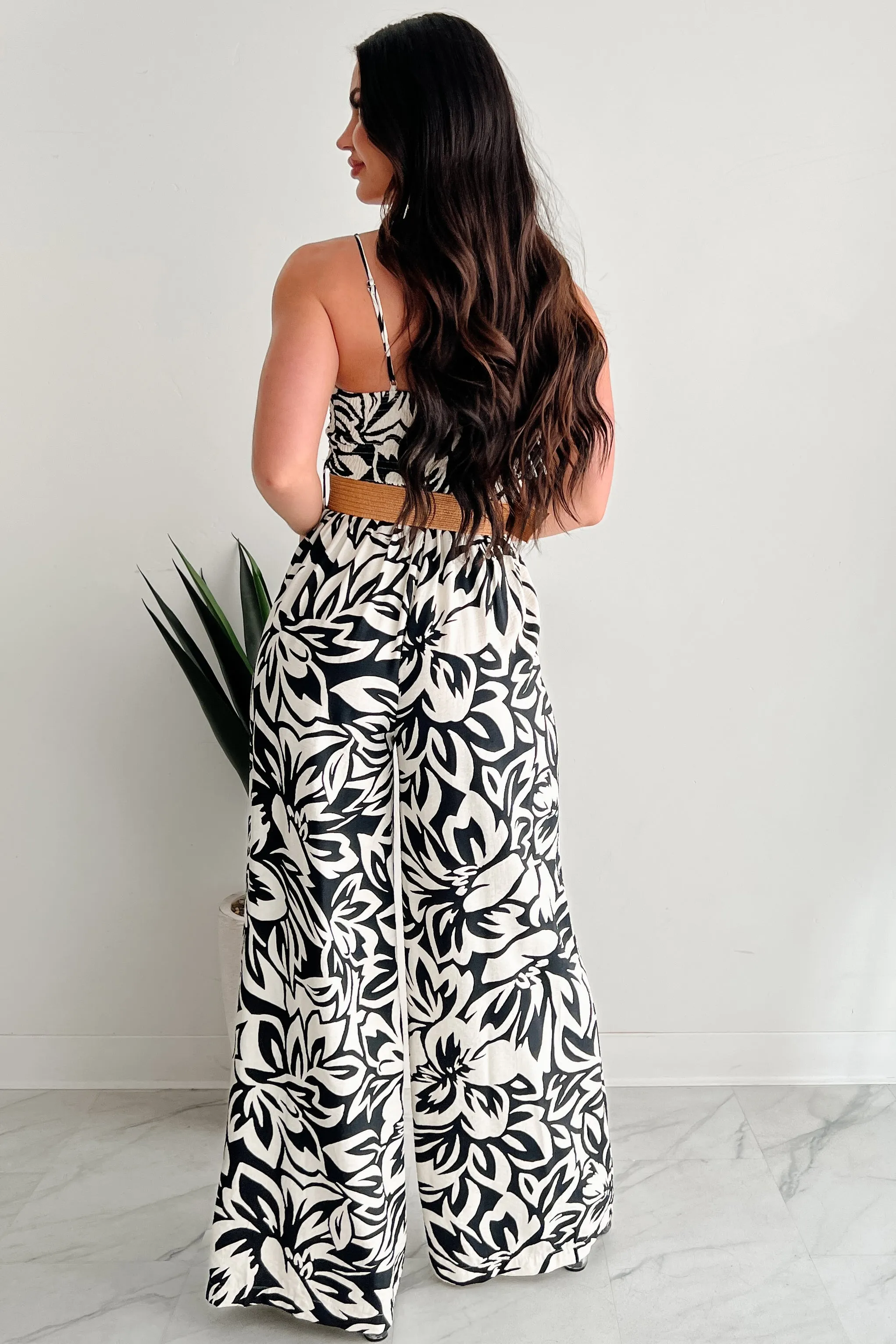 Garden Glimmer Belted Wide Leg Jumpsuit (Black/Ivory)