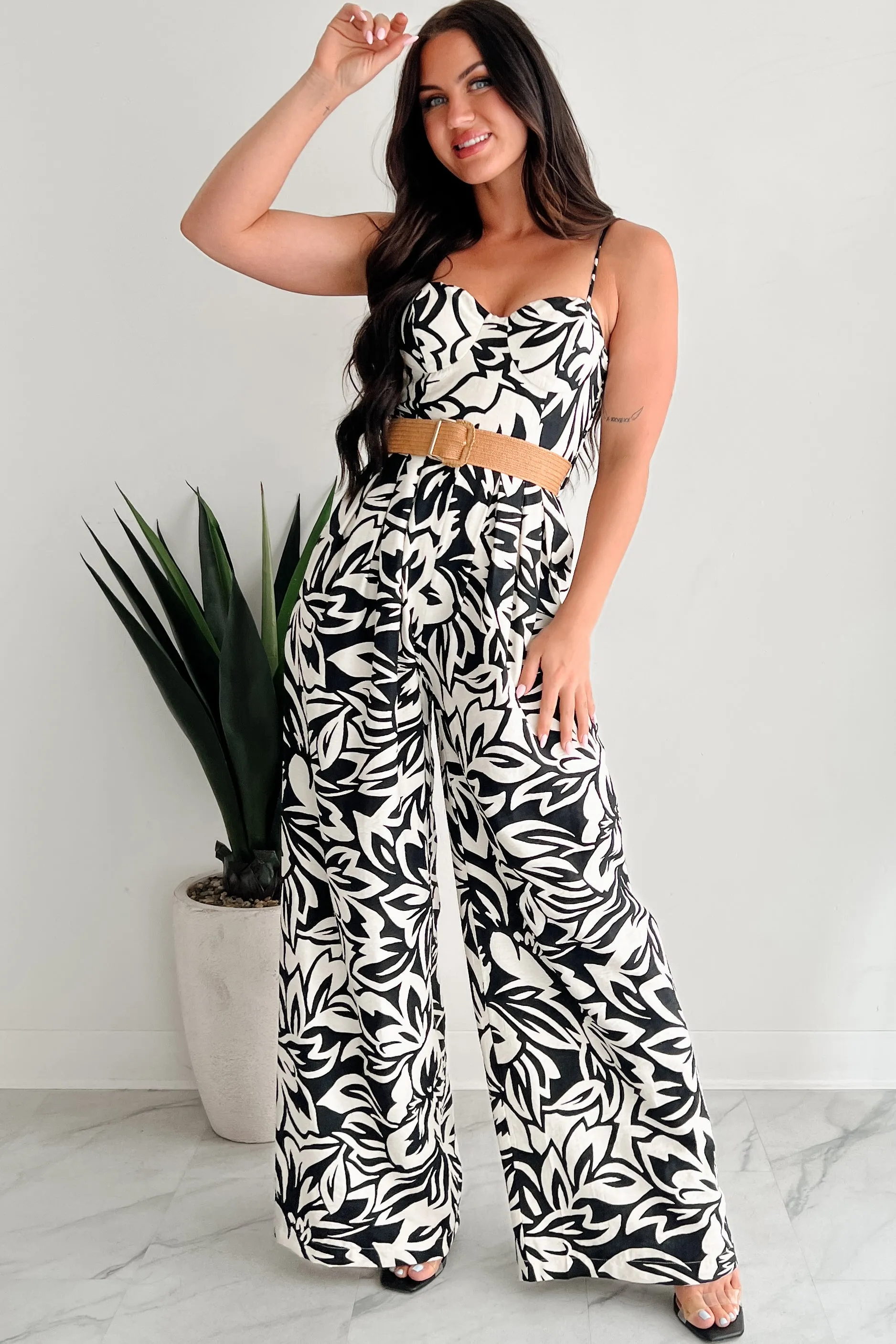 Garden Glimmer Belted Wide Leg Jumpsuit (Black/Ivory)
