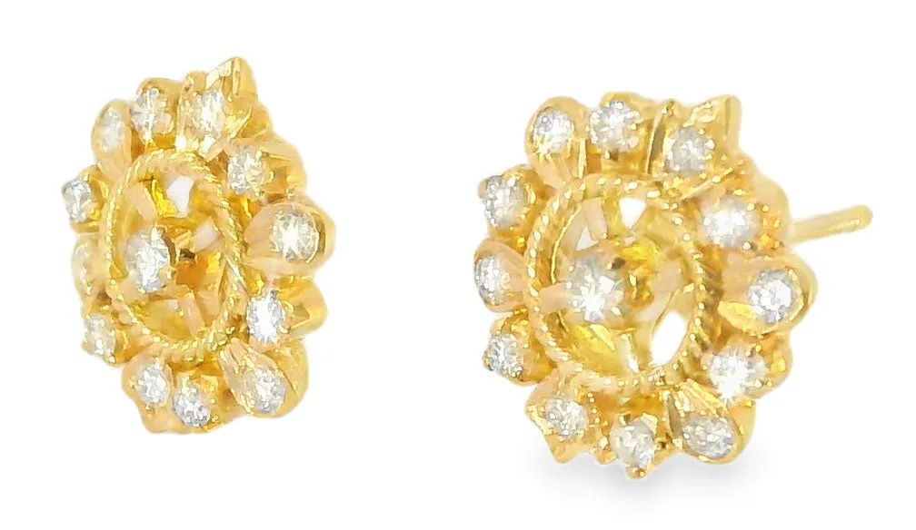 Gorgeous Estate 22K 24K Yellow Gold Snowflake Diamond Stud Earrings Studs