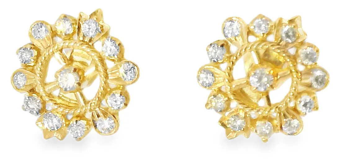 Gorgeous Estate 22K 24K Yellow Gold Snowflake Diamond Stud Earrings Studs