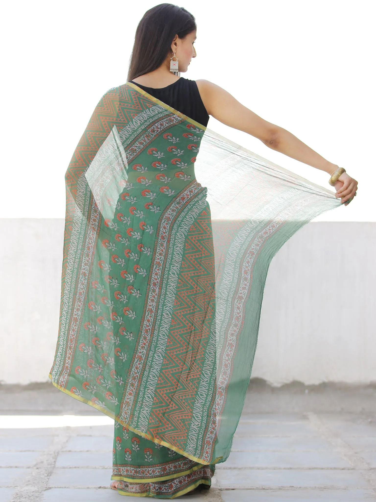 Green Coral Hand Block Printed Chiffon Saree with Zari Border - S031703959