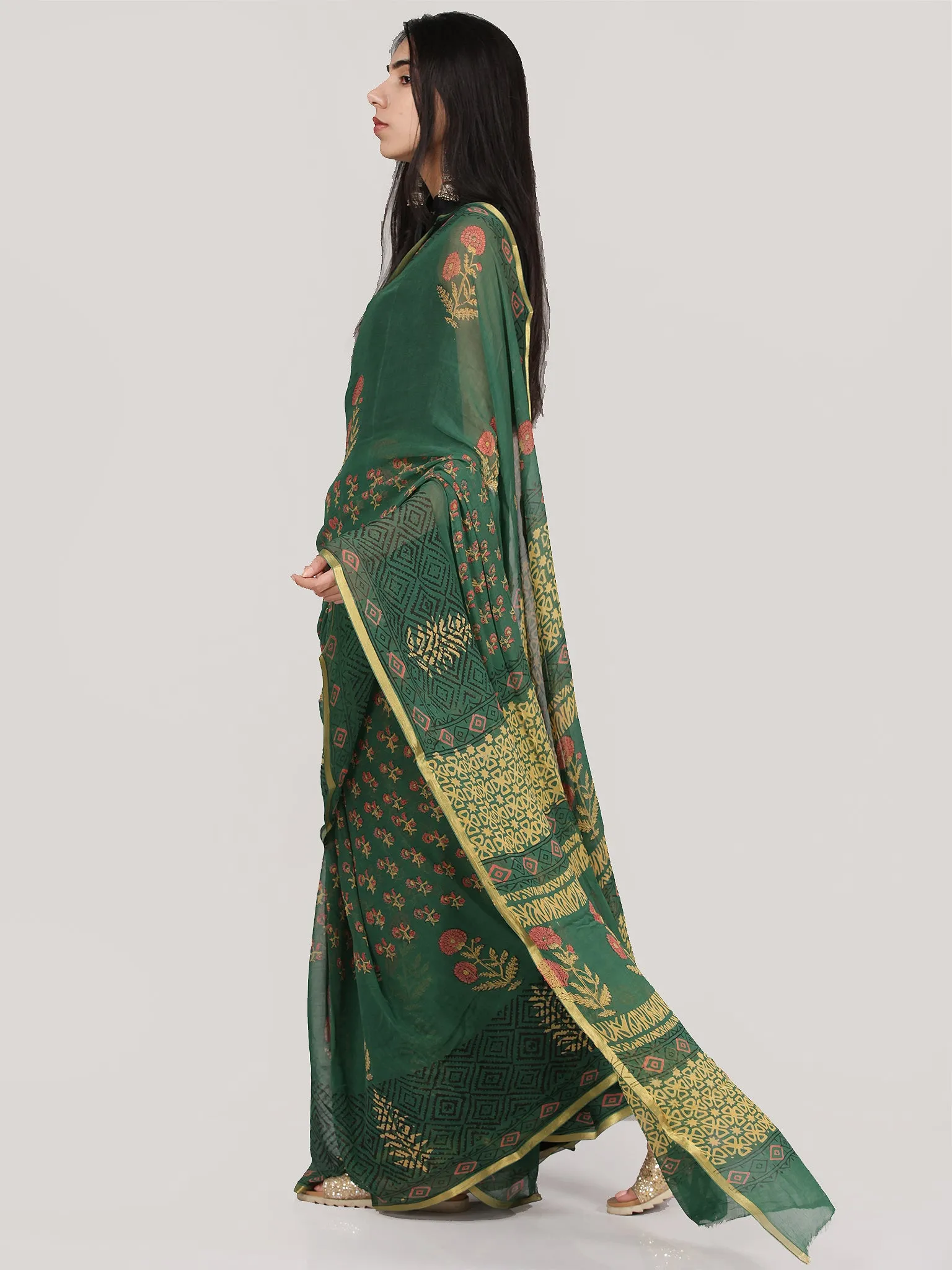 Green Coral Mustard  Hand Block Printed Chiffon Saree With Zari Border - S031704695