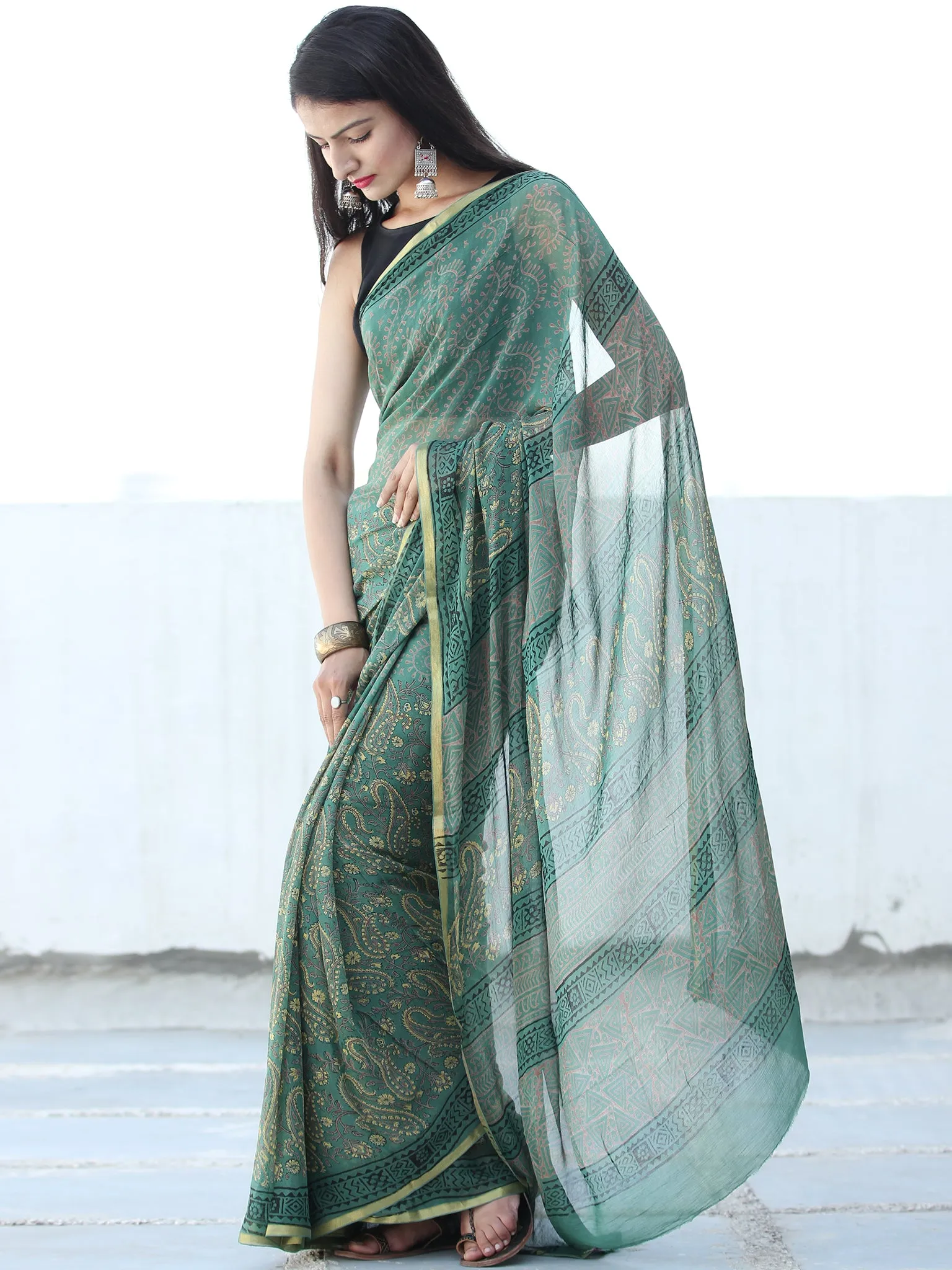 Green Rust Yellow Hand Block Printed Chiffon Saree with Zari Border - S031703940