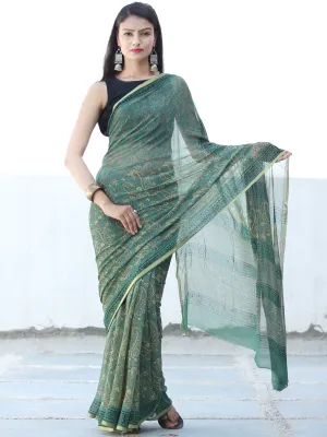 Green Rust Yellow Hand Block Printed Chiffon Saree with Zari Border - S031703940