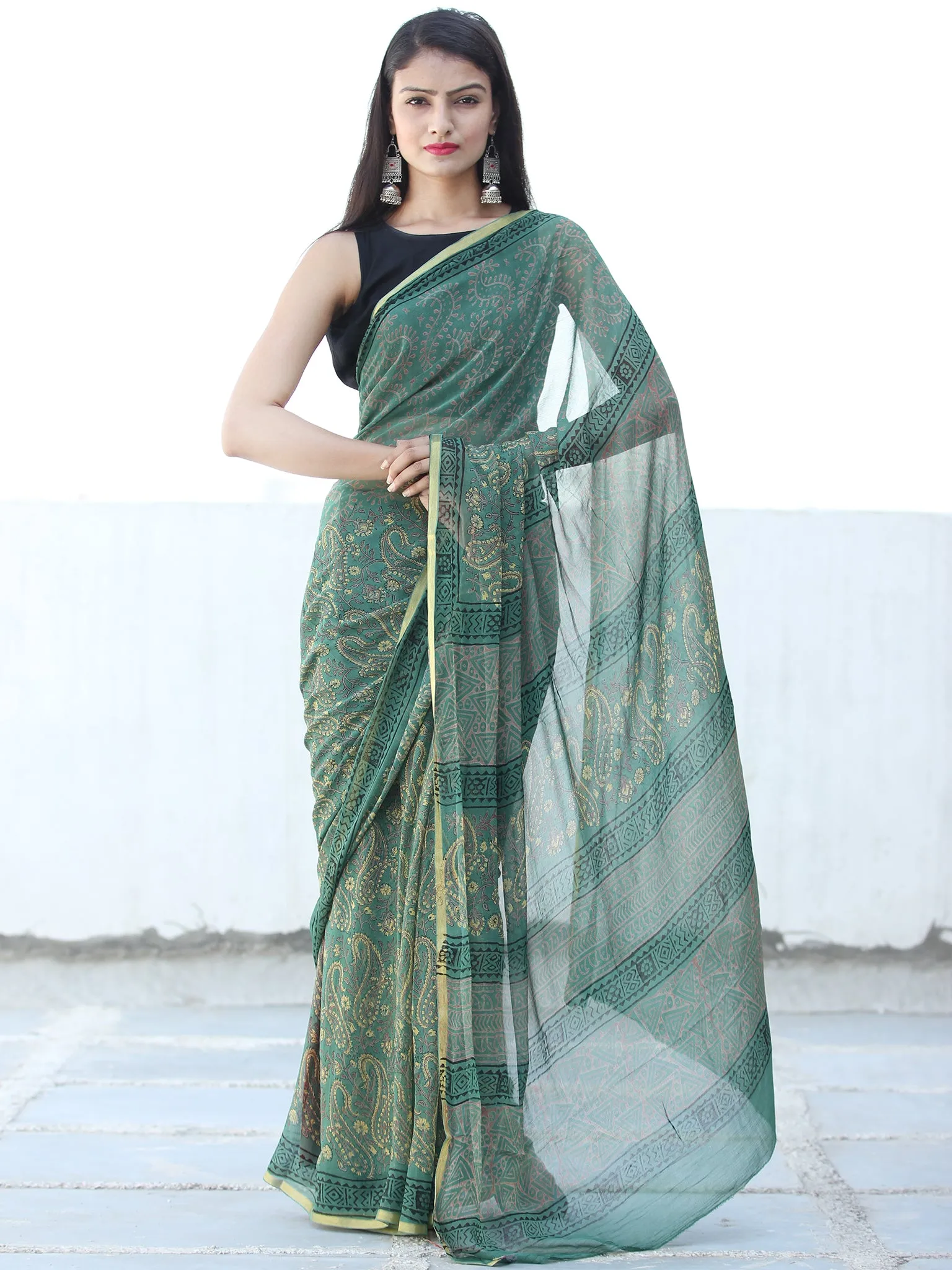 Green Rust Yellow Hand Block Printed Chiffon Saree with Zari Border - S031703940