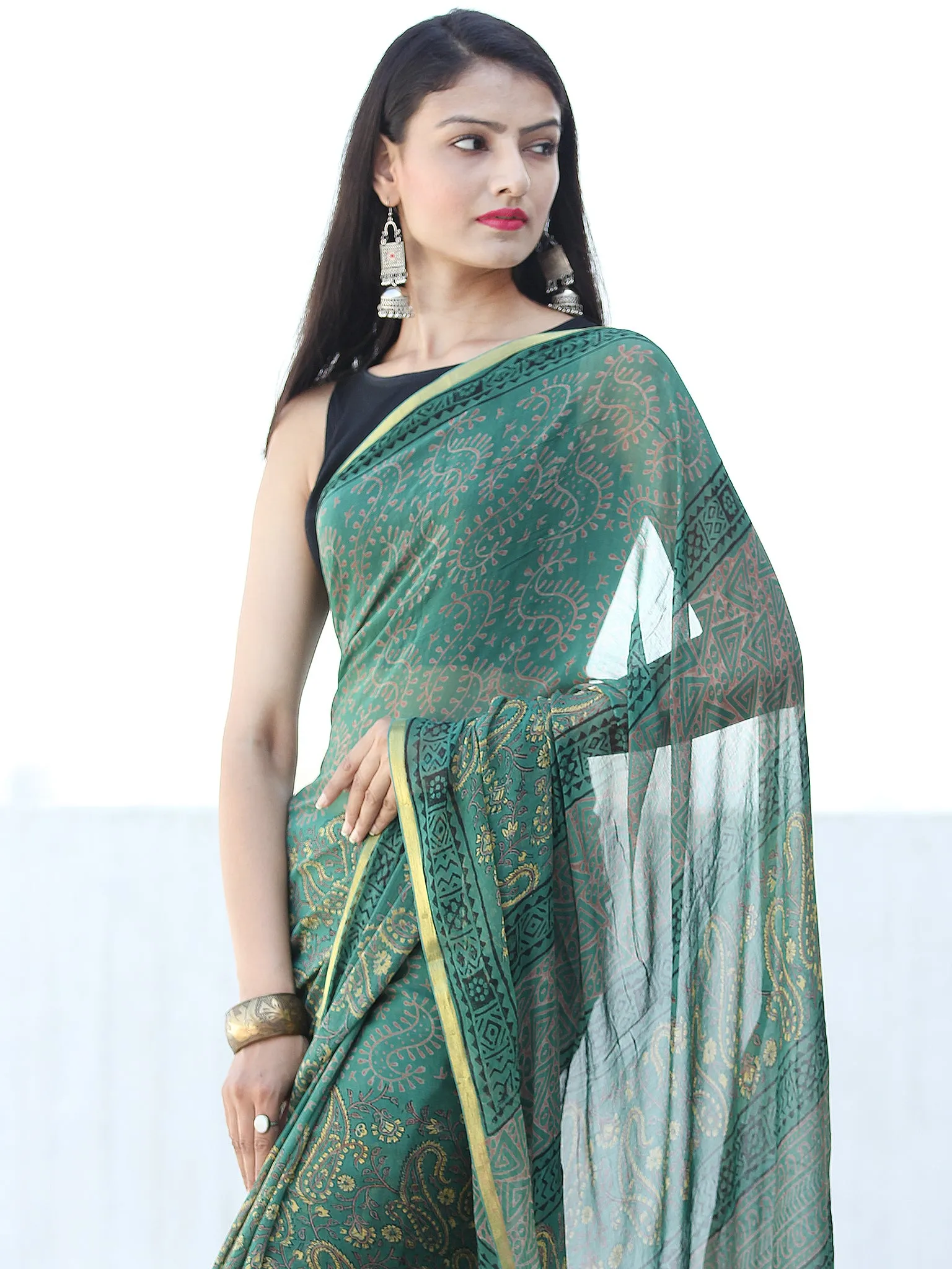 Green Rust Yellow Hand Block Printed Chiffon Saree with Zari Border - S031703940