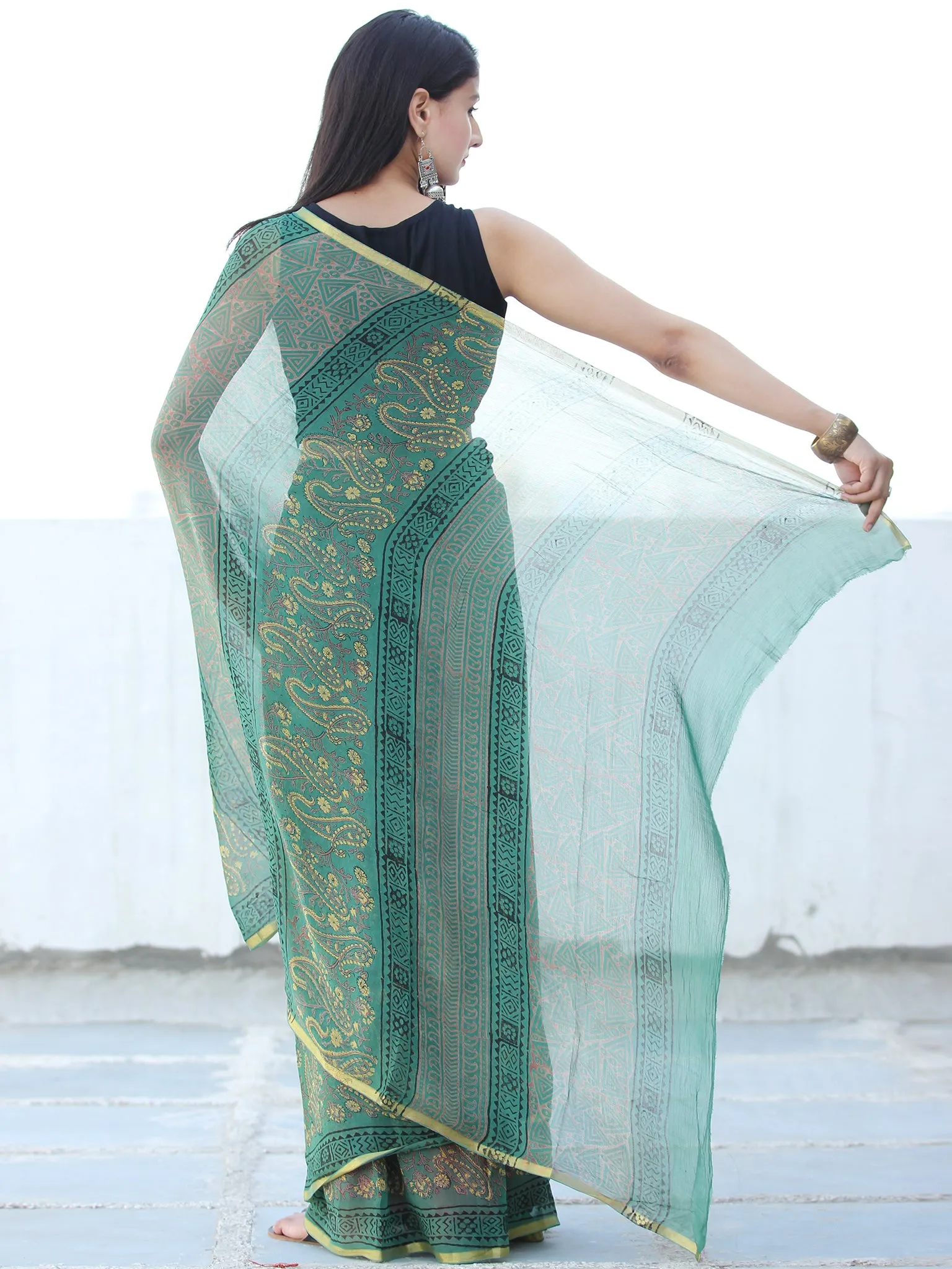 Green Rust Yellow Hand Block Printed Chiffon Saree with Zari Border - S031703940
